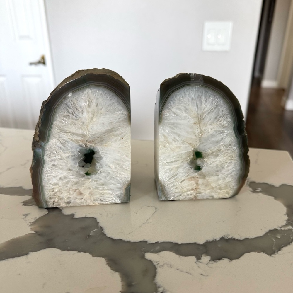Green and white agate crystal bookends